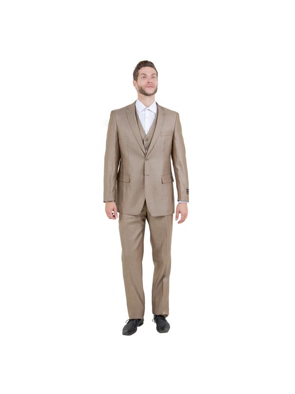 Dk Tan Solid Shiny Sharkskin 3-PC Regular Modern Fit Suits