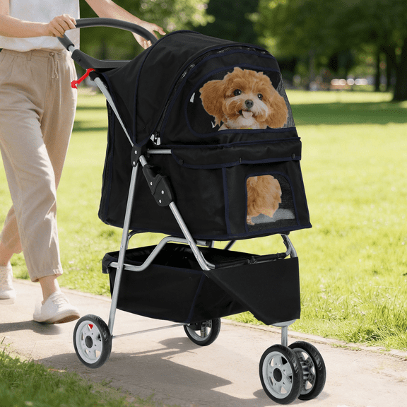 Dkelincs 3 Wheel Dog Stroller Folding Pet Stroller Travel Dog Carriers for Small Dogs with Free Pad & Cup Holder, Black