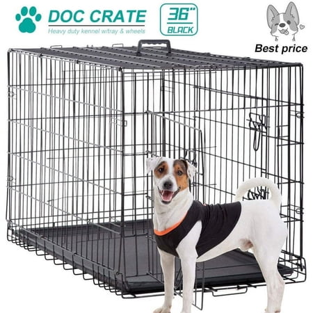 Dkeli 36 inch Dog Crates for Medium Dogs Folding Dog Cage Dog Kennel Pet Animal Crate with Double-Door,Tray and Divider for Dog Training