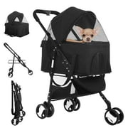 Dkeli 4 Wheels Dog Stroller Folding Pet Stroller Cat Stroller for Medium Dogs with Detachable Carrier, Black