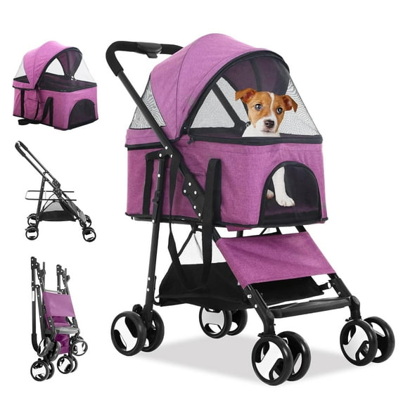 Dkeli 4 Wheels Dog Stroller Folding Pet Stroller Cat Stroller for Medium Dogs with Detachable Carrier, Purple