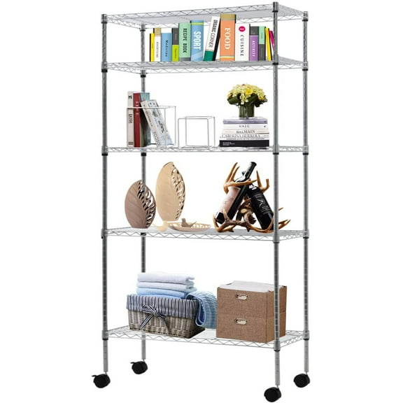 Dkeli 5 Tier Wire Shelving Unit for Garage Metal Shelf with Wheel Storage Shelf Pantry Rack for Kitchen,Office, Chrome