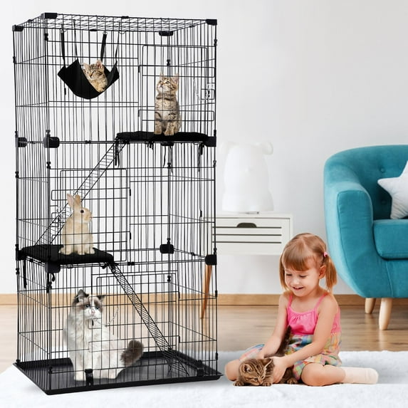 Dkeli 67 inch Cat Playpen Cage Cat Kennel Large Cat Cage Playpen Cat Crates for Indoor Cats with Free Hammock 3 Cat Bed 3 Front Doors 2 Ramp Ladders Perching Shelves, Black