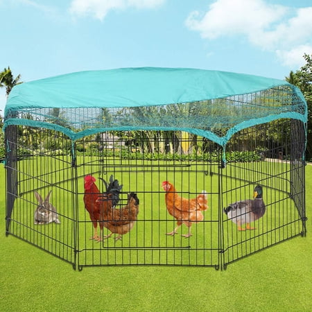 Dkeli 8 Panels Folding Pet Exercise Pen Chicken Cage Metal Walk-in Rabbit Enclosure Pen Outdoor Backyard Chicken Run Pen with Waterproof Cover for Rabbit Duck Hen, 24''x24''