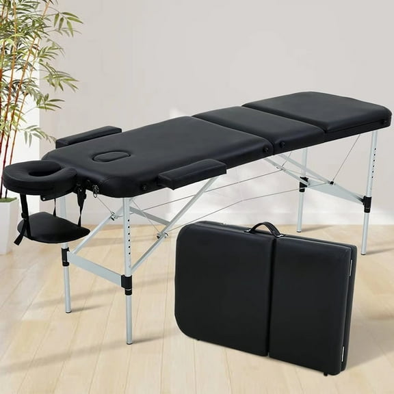 Dkeli Adjustable 3 Folding Massage Table 73 inch Aluminium Frame Massage Bed Portable PU Leather Spa Bed, Black