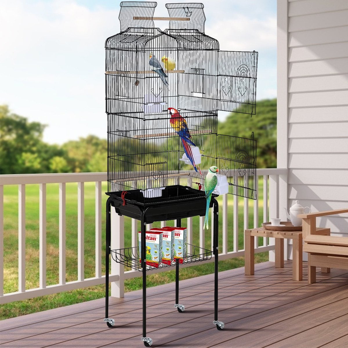 Black Wrought Iron Multi-Level Bird Cage with Stand