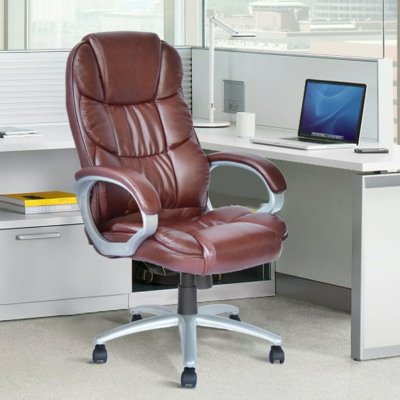 Dkeli Executive Office Chair Ergonomic Big and Tall Leather Computer Desk Chair High Density Sponge Seat with Padded Armrest,Lumbar Support and Headrest, Brown