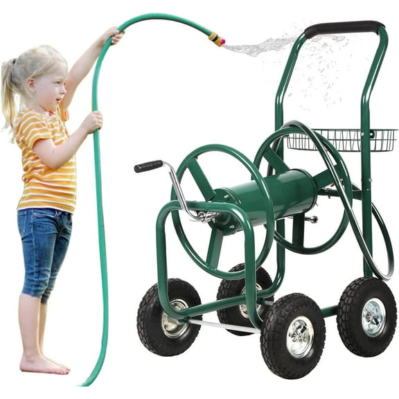 Dkeli Hose Reel Cart Garden Hose Carts with Wheels Heavy Duty Portable Water Hose Cart 4 Wheels Outdoor Yard Lawn Planting Truck with Storage Basket, Green