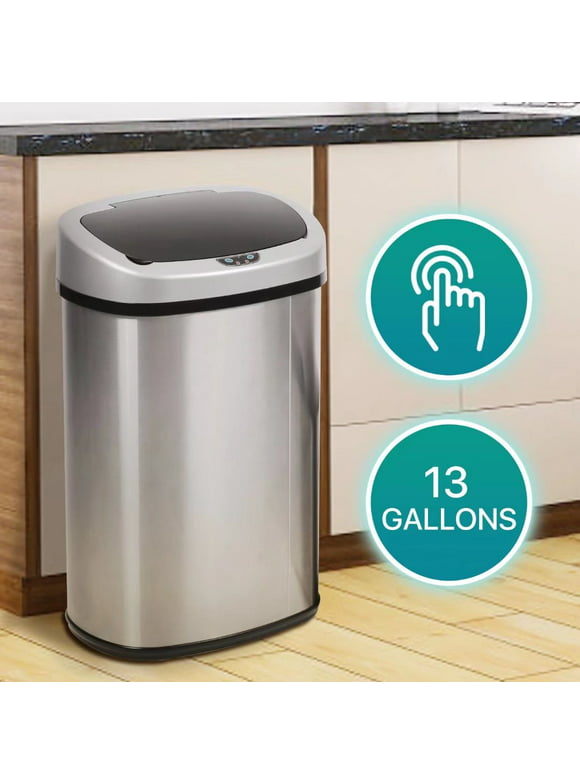 Dkeli Kitchen Trash Can 13 Gallon Garbage Can Automatic Sensor Waste Bin Touchless Stainless Steel Trash Can with Lid for Home Bathroom Office, Silver