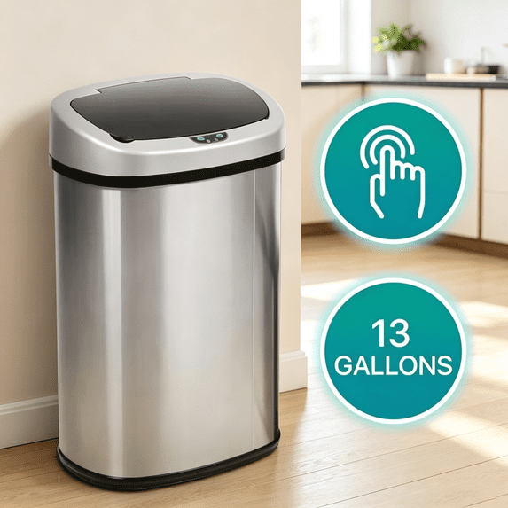 Dkeli Kitchen Trash Can 13 Gallon Garbage Can Automatic Sensor Waste Bin Touchless Stainless Steel Trash Can with Lid for Home Bathroom Office, Silver