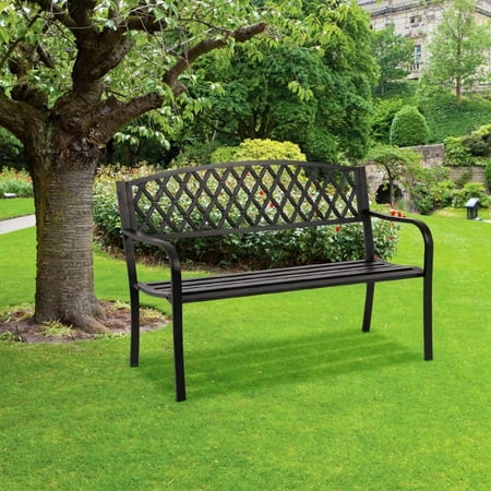 Dkeli Metal Bench Garden Bench with Back Porch Benches for Outdoor 400 lbs Cast Iron Steel Frame Chair w/PVC Mesh Pattern Waterproof Outdoor Bench for Patio,Yard Porch Work Entryway,Black