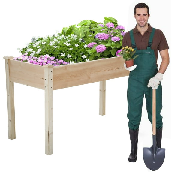 Dkeli Raised Garden Bed 49x24x30 Inch Wood Garden Bed with Legs, Outdoor Rectangle Elevated Wood Planter Box Kit for Patio Garden, Natural