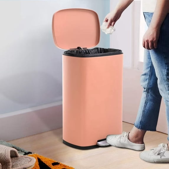 Dkeli Step Trash Can 13 Gallon Bathroom Trash Can Stainless Steel Kitchen Garbage Can with Foot Pedal & Liner for Kitchen, Bathroom, Office, Pink