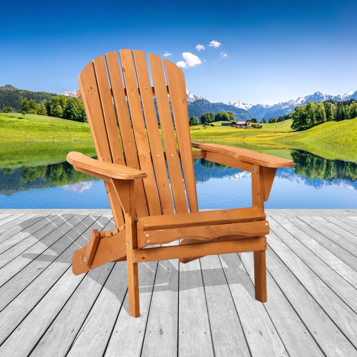 Wooden Adirondack Chair with Cup Holder, Oversized Lawn Chair for