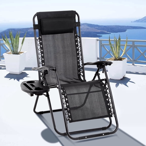 Dkelincs Zero Gravity Chair Folding Mesh Zero Gravity Recliner with Cup Holder and Pillow Support 300 lbs for Deck, Lawn, Poolside, Camping, Black