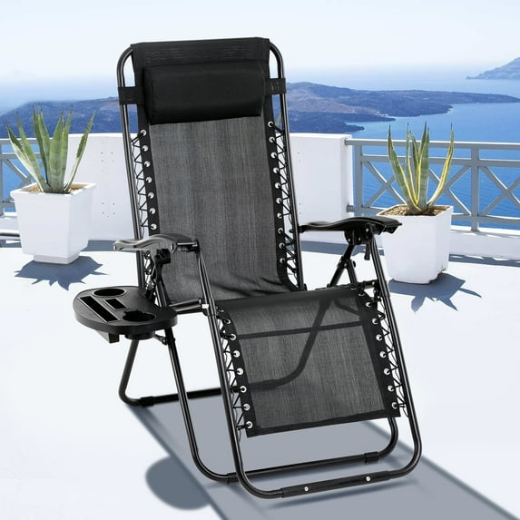 Dkeli Zero Gravity Chair Folding Mesh Zero Gravity Recliner with Cup Holder and Pillow Support 300 lbs for Deck, Lawn, Poolside, Camping, Black