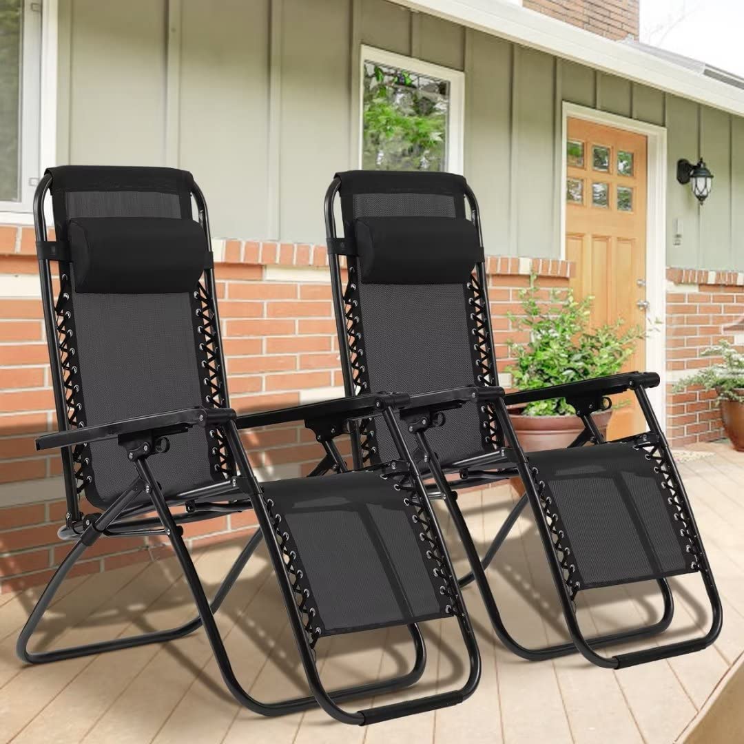 Dkeli Zero Gravity Chairs Set of 2 Folding Patio Lounge Chairs 250 Lbs Capacity Mesh Patio Recliner with Adjustable Pillow for Patio, Pool Side, Beach Camping, Black - image 1 of 7