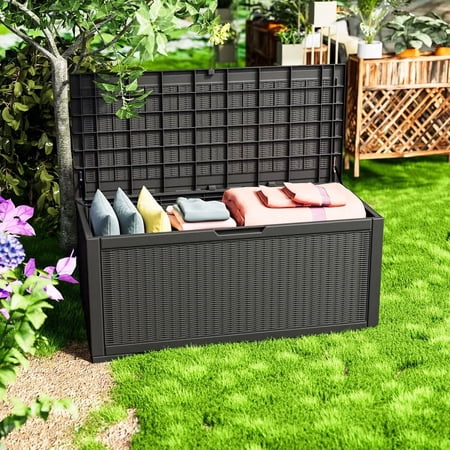 Dkelincs 100 Gallon Large Resin Deck Box Weatherproof Organizer Patio Outdoor Storage Boxes Bench with Lid, Black