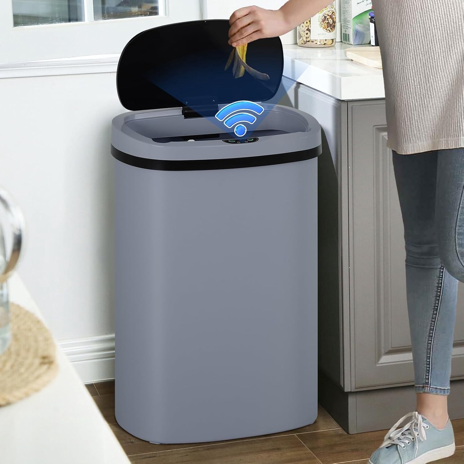 Dkelincs 13 Gallon Automatic Trash Can with Motion Sensor 49L Touchless Kitchen Garbage Can with Removable Lid, Waterproof for Home Bathroom, Gray
