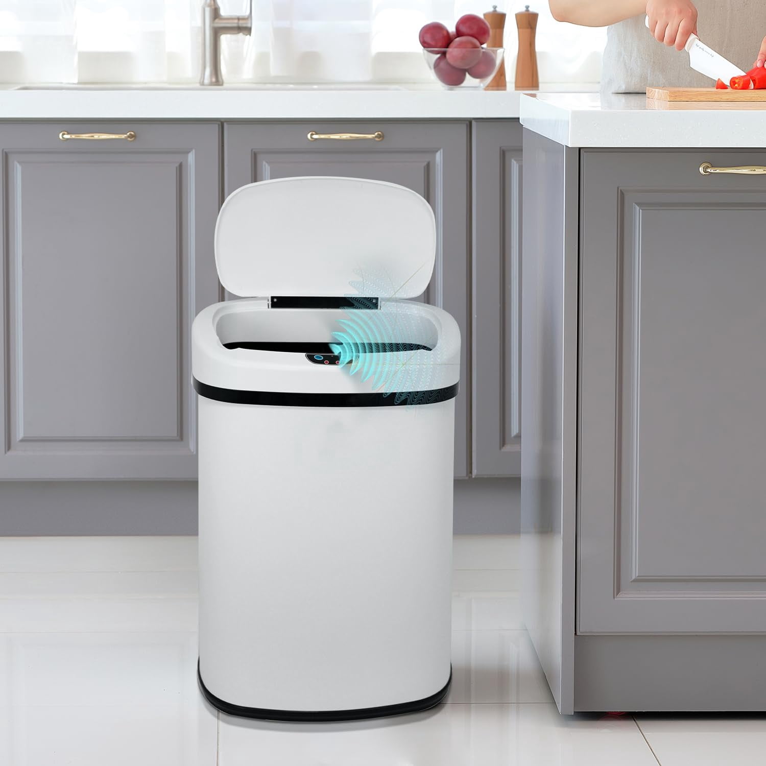 Dkelincs 13 Gallon Touch-Free Automatic Trash Can Stainless Steel Kitchen Garbage Can Waste Bin with Lid, White