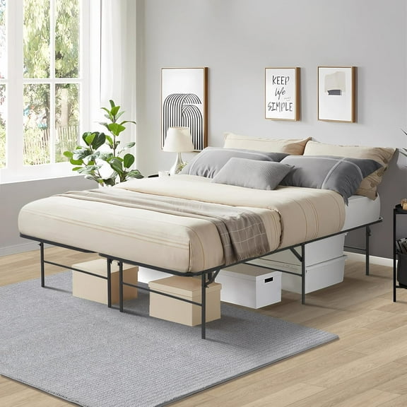 Dkelincs 14 inch Full Bed Frame Metal Platform Folding Mattress Foundation Platform Heavy Duty Steel Slat Bed Frame with Storage Space, Black