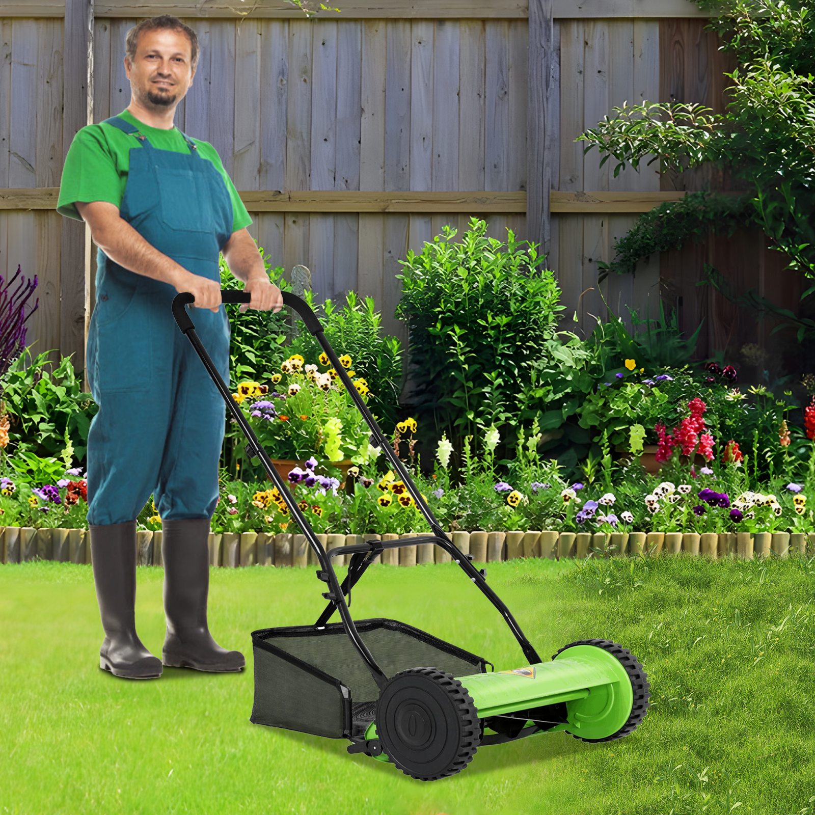 Dkelincs 15 inch Push Lawn Mower Adjustable Cutting Height Lawn Mower with Grass Catcher Green Walmart Business Supplies