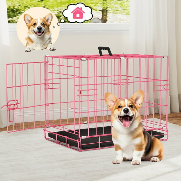 Dkelincs 18" Dog Crate for Small Dogs, Portable Foldable Metal Dog Cage & Kennel with Removable Tray for Home Travel, Pink