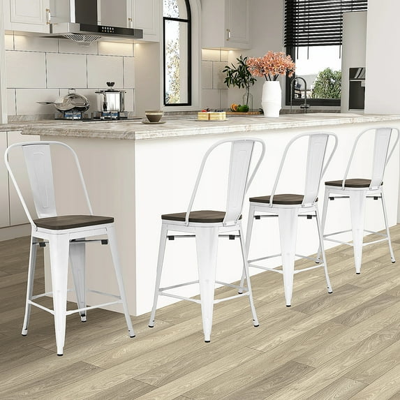Dkelincs 24" Metal Bar Stools Set of 4 Counter Height Stools with Back, Industrial Modern Kitchen Dining Bar Chairs Stackable Stools, White