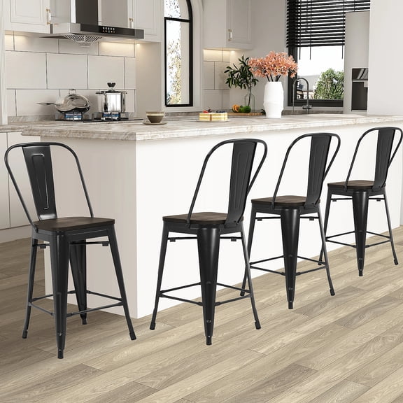 Dkelincs 24" Metal Bar Stools with Back Set of 4 Counter Height Bar Stools, Industrial Modern Stackable Kitchen Dining Room Chairs, Black