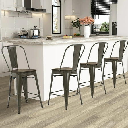 Dkelincs 24" Metal Bar Stools with Back Set of 4 Counter Height Bar Stools, Industrial Modern Stackable Kitchen Dining Room Chairs, Bronze