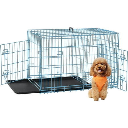 Dkelincs 24 inch Dog Crate for Medium Dogs Portable Foldable Dog Kennel Cage with 2 Doors, Handle, Removable Tray and Divider, Blue