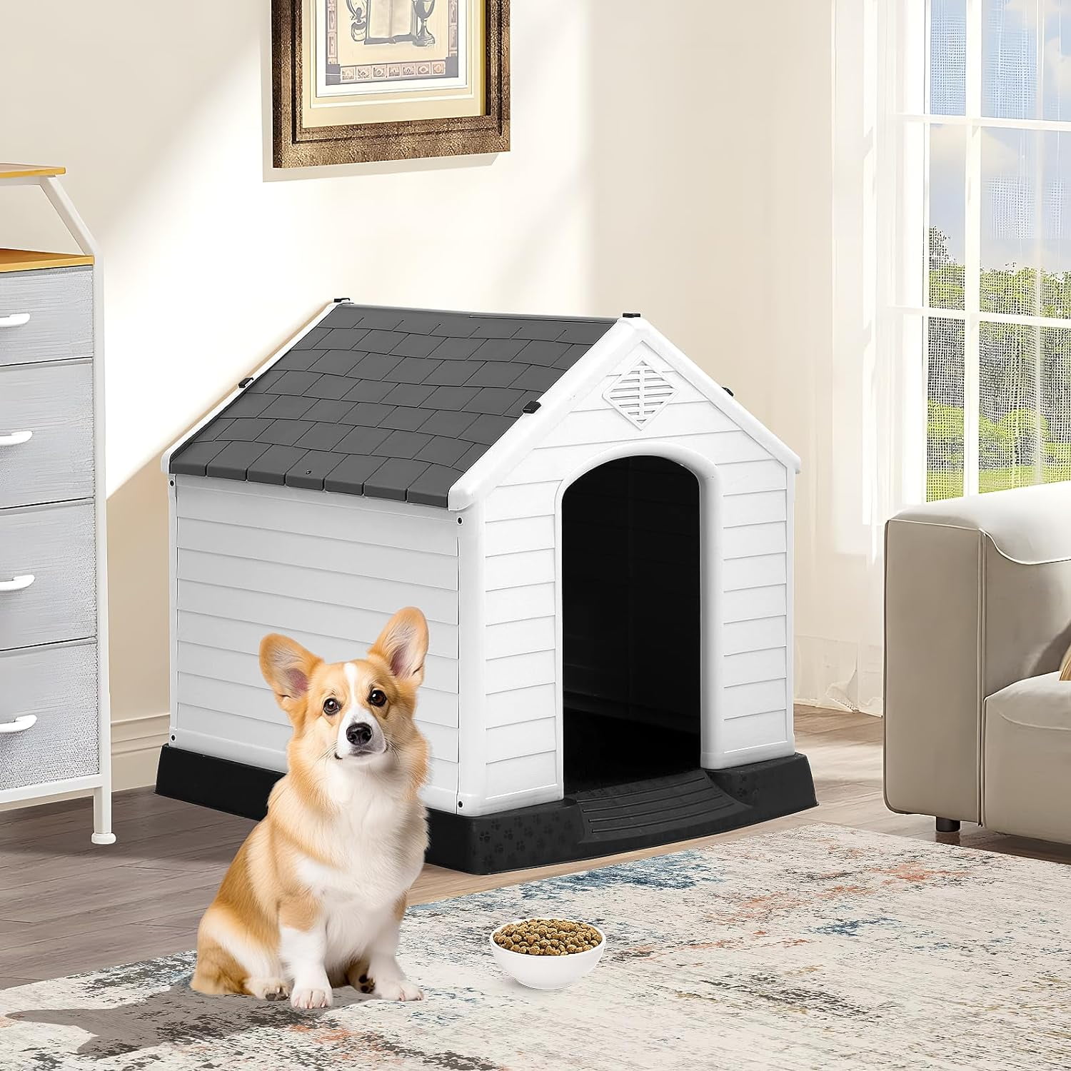 Dkelincs 28 inch Durable Plastic Dog House Indoor Outdoor Weatherproof Pet House with Air Vents and Elevated Floor, Gray
