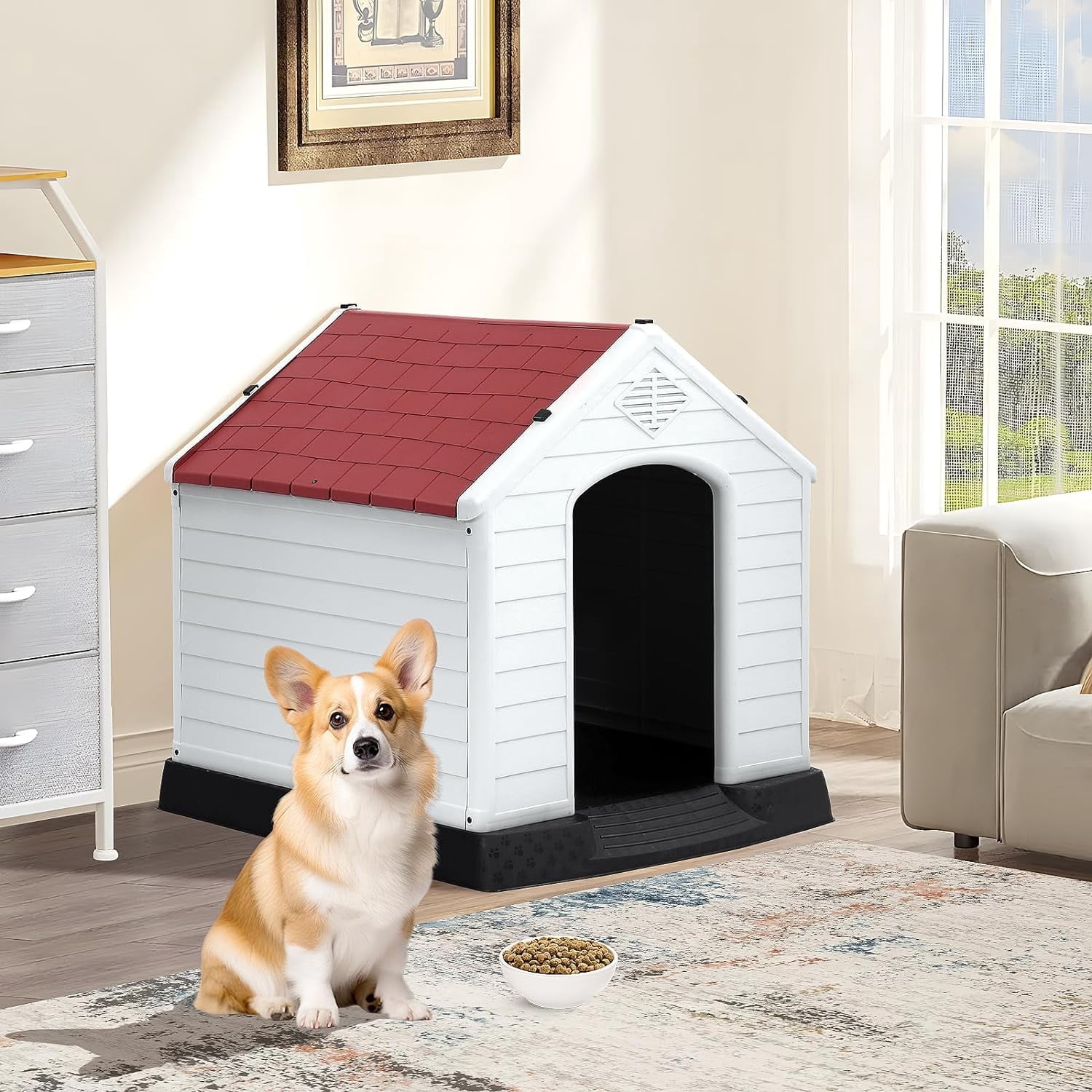 Dkelincs 28 inch Durable Plastic Dog House Indoor Outdoor Weatherproof Pet House with Air Vents and Elevated Floor, Red