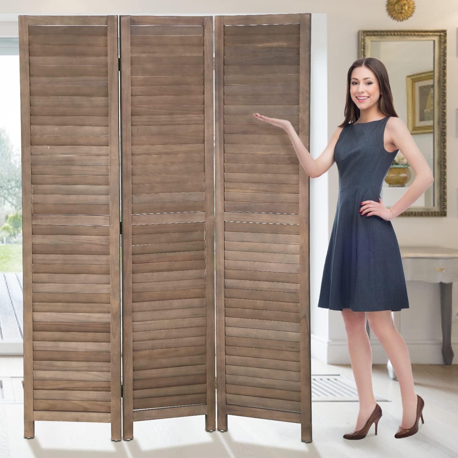 Dkelincs 3 Panel Wood Room Divider 4.3ft Tall Folding Privacy Screen Wall Divider 67"×16" Each Panel Wood Screen, Brown