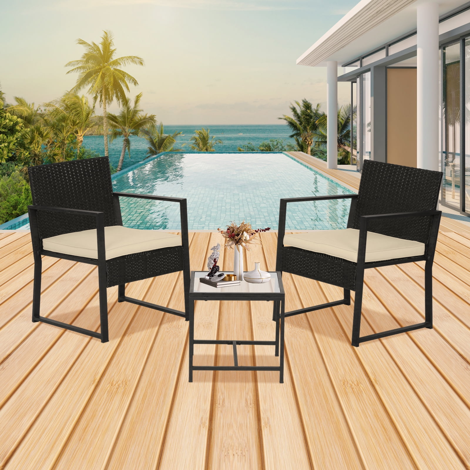 Homall 3 Piece Patio Furniture Set Outdoor Rattan Chair with Cushion and Coffee Table Patio Bistro Set for Balcony Garden Porch Beige