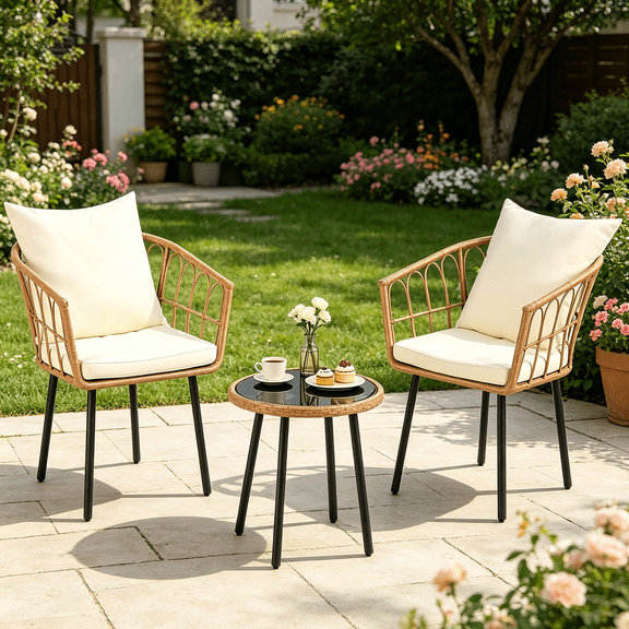 Dkelincs 3 Piece Outdoor Patio Bistro Set, All-Weather Rattan Conversation Furniture Set Wicker Table and Chairs Set of 2 with Cushions & Ergonomic Backrest, Beige