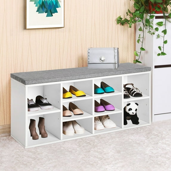 Dkelincs 3-Tier Shoe Rack Bench with Storage 10 Compartments Entryway Bench with Cushion, White