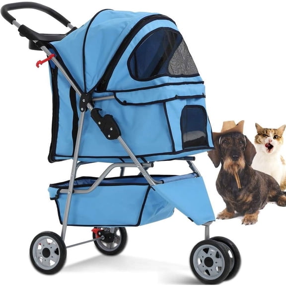Dkelincs 3 Wheels Dog Cat Stroller Foldable Pet Stroller Travel Carrier with Cup Holder and Removable Liner, Blue