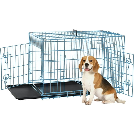 Dkelincs 30 inch Dog Crate for Medium Dogs Portable Foldable Dog Kennel Cage with 2 Doors, Handle, Removable Tray and Divider, Blue