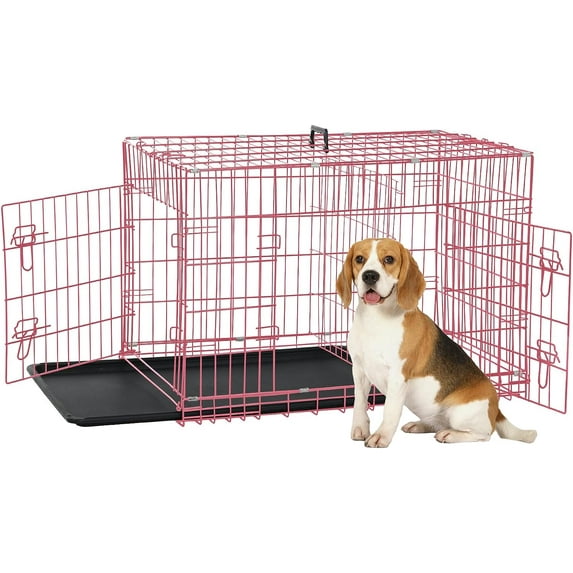 Dkelincs 30 inch Dog Crate for Medium Dogs Portable Foldable Dog Kennel Cage with 2 Doors, Handle, Removable Tray and Divider, Pink
