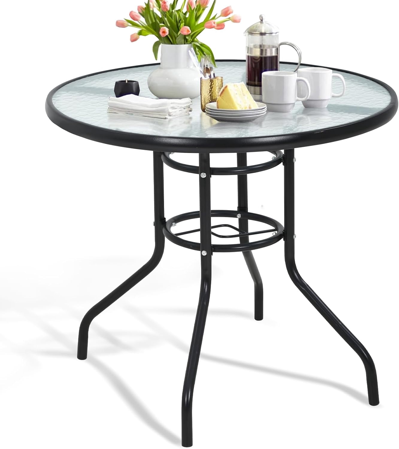 "Dkelincs 32"" Round Tempered Glass Top Dining Patio Table with ...