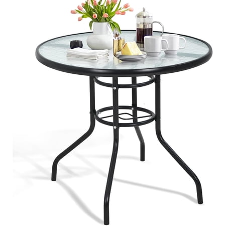 Dkelincs 32" Patio Table Round Tempered Glass Bistro Table with Umbrella Hole Outdoor Dining Table All-Weather Furniture for Outside, Garden, Balcony