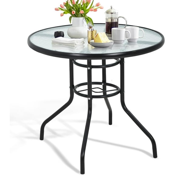 Dkelincs 32" Patio Table Round Tempered Glass Bistro Table with Umbrella Hole Outdoor Dining Table All-Weather Furniture for Outside, Garden, Balcony