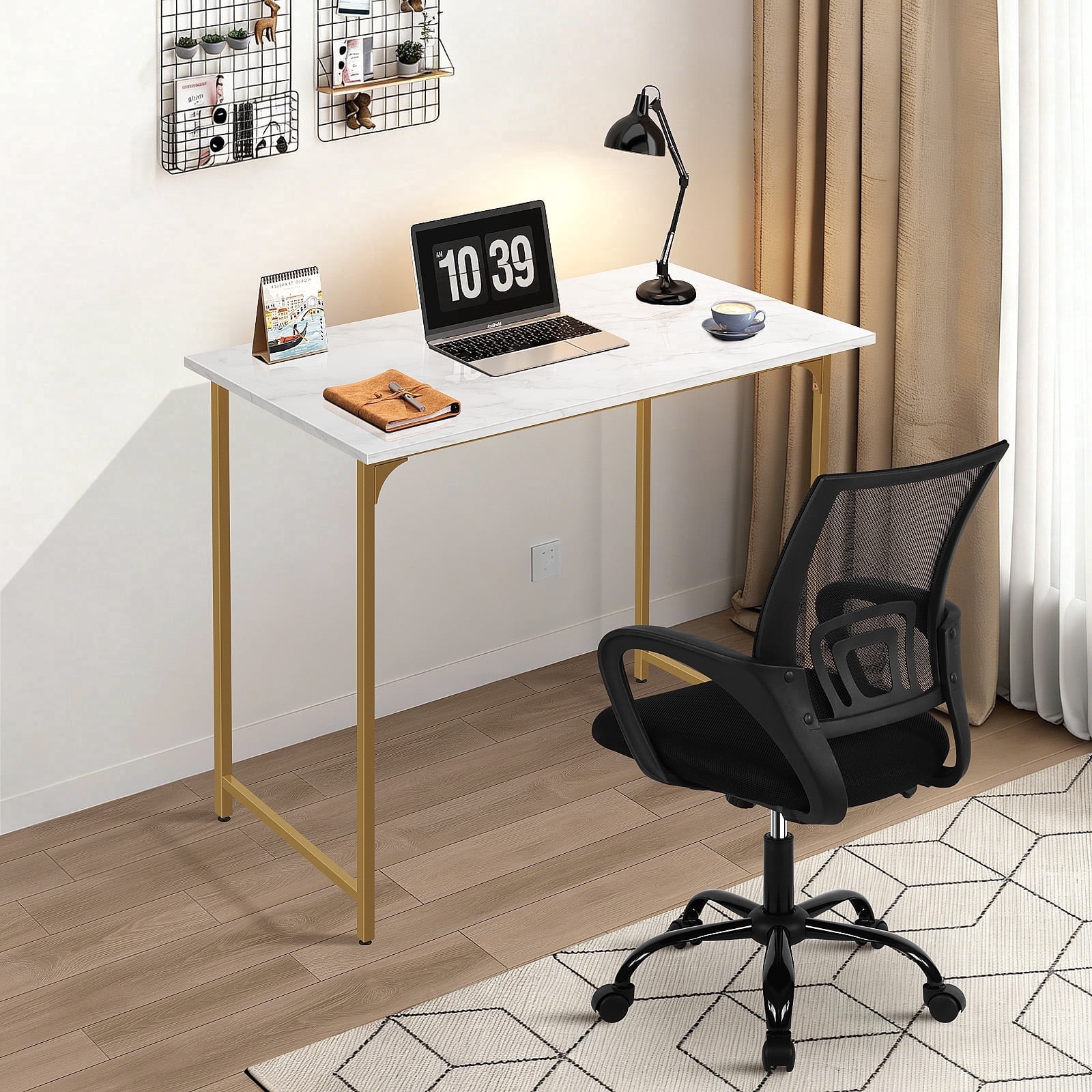 Dkelincs 32 inch Computer Desk and Chair Set Home Office Modern Wood Study Desk & Mesh Ergonomic Height Adjustable Office Chair for Small Spaces, Gold & Black
