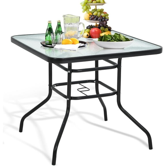 Dkelincs 32" Patio Table Square Bistro Table with Umbrella Hole Tempered Glass Outdoor Dining Table All-Weather Furniture for Outside, Garden, Indoor