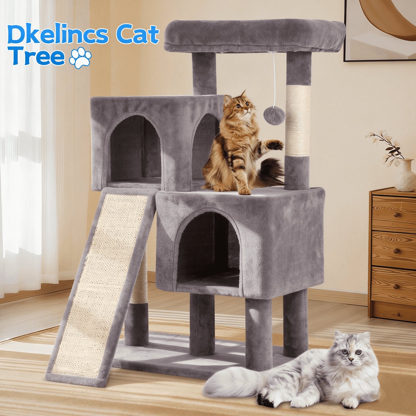 Dkelincs 36 inch Cat Tree Tower with Scratching Post & Dual Condos, Multi-Level Cat Furniture Condo Kittens House with Ramp, Perch & Hanging Ball, Ashy