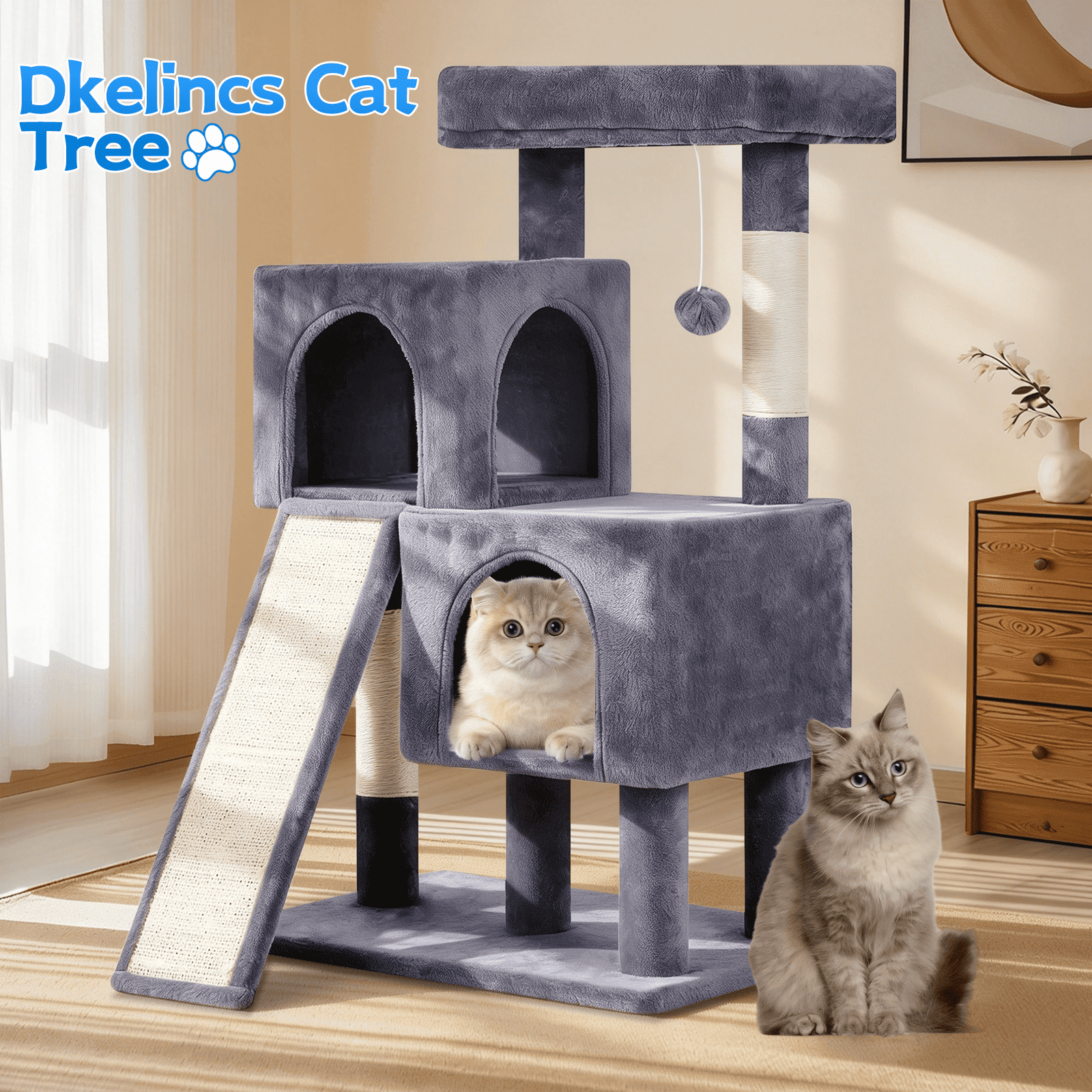 Dkelincs 36 inch Cat Tree Tower with Scratching Post & Dual Condos, Multi-Level Cat Furniture Condo Kittens House with Ramp, Perch & Hanging Ball, Dark Gray