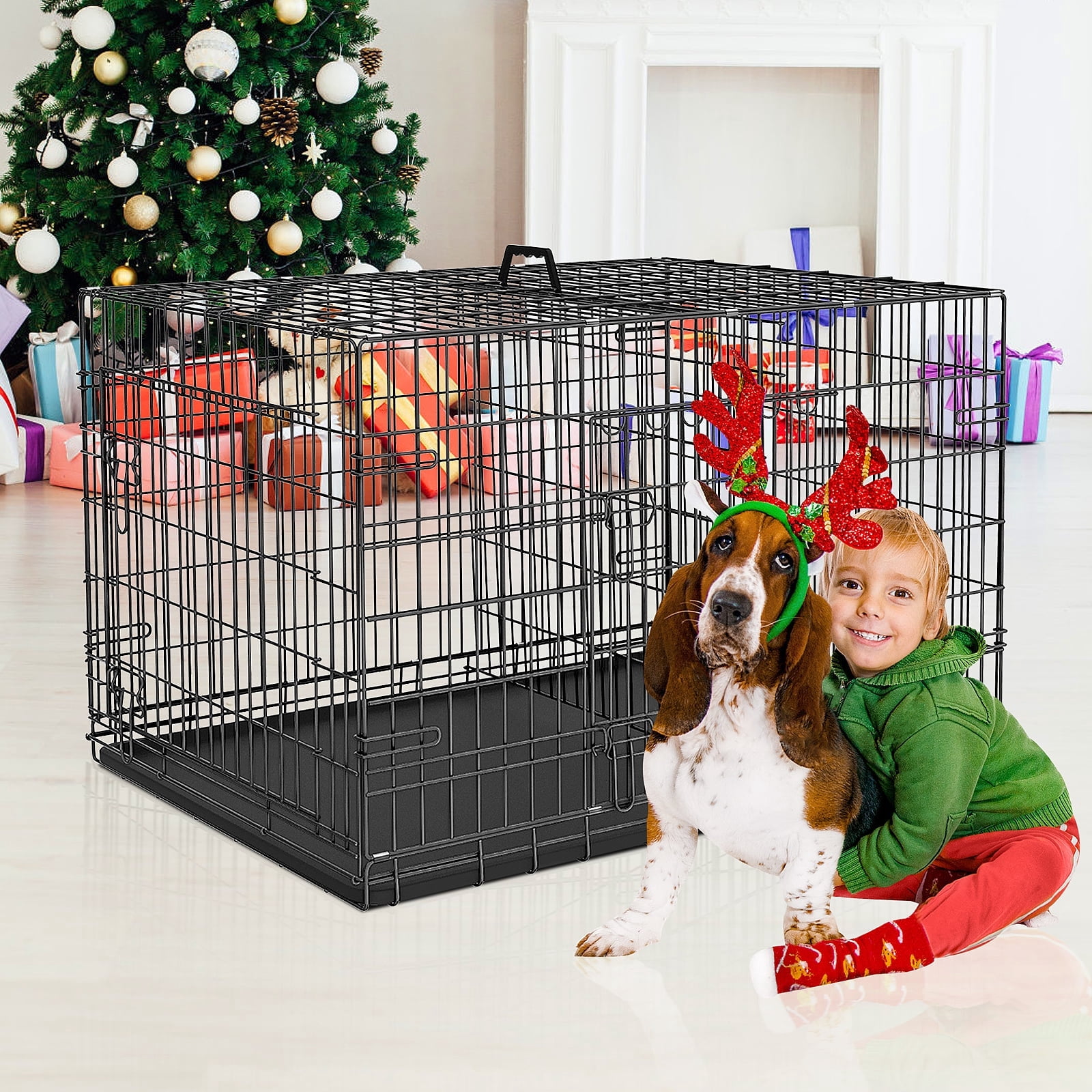 Dkelincs 36 inch Dog Crate for Medium Dogs Portable Foldable Dog Kennel Cage with 2 Doors, Handle, Removable Tray and Divider, Black