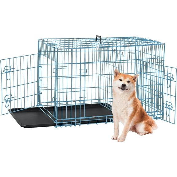 Dkelincs 36 inch Dog Crate for Medium Dogs Portable Foldable Dog Kennel Cage with 2 Doors, Handle, Removable Tray and Divider, Blue