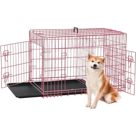 Dkelincs 36 inch Dog Crate for Medium Dogs Portable Foldable Dog Kennel Cage with 2 Doors, Handle, Removable Tray and Divider, Pink